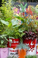 Plants in colourful containers with mural behind - Pop Street Garden, RHS Chelsea Flower Show 2021
