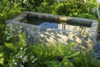 Old stone water trough in The Connections garden at RHS Hampton Court Palace Garden Festival 2022