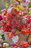 Autumn bouquet containing guelder rose and chinese lanterns.