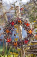 Wreath made from Boston ivy berries, lichens and autumn maple foliage on wood post.