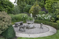 Circular seating area at The Burrows Gardens, Derbyshire, in August