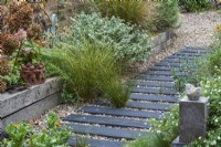 A path is made from wood off-cuts left over from laying the wooden decks, fixed at equal intervals beneath the gravel. Self-seeded grasses, marigolds and gaura have established.