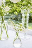 White spring flowers displayed in glass vase -  Aquilegia, Anthriscus sylvestnis and Convallaria majalis on windowsill