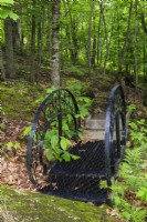 Black wrought iron footbridge in forest of deciduous trees in backyard garden in spring