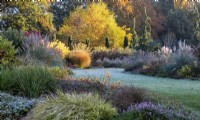 View of mixed borders full of Autumn colour at The Bressingham Gardens. 