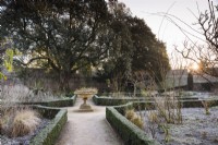 The East Garden at The Bishop's Palace Garden in Wells on a January morning, with evergreen hedges of Euonymus japonicus 'Green Spire'.
