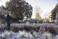 The East Garden at The Bishop's Palace Garden in Wells on a January morning, with bleached Stipa tenuissima in the foreground.