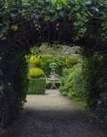 View down an Ivy tunnel to the Armillary Sun Dial with Clipped Buxus - Box - hedging and topiary in the tea garden at - East Ruston Old Vicarage, Norfolk May Spring