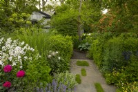 A stone path planted with patches of grass running through herbaceous borders and box hedge in the Myeloma UK - A Life Worth Living Garden designed by Chris Beardshaw at the RHS Chelsea Flower Show 2023