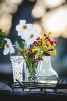 Vases with Narcissus poeticus var. recurvus
Pheasants Eye, species daffodil, forget-me-not and Primula veris
cowslip