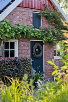 Front garden with Fagus sylvatica ' Purpurea' hedge, climbing grape and rose and entrance door with hanging rustic wreath.