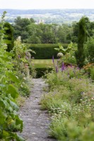 Path between borders at Milton Lodge Gardens, Somerset in June, with view of Wells Cathedral beyond.