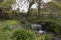 A manmade waterfall below trees in a woodland garden. Marwood Hill gardens. Devon. Spring. May. 