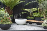 A courtyard inspired by New Zealand, with a timber seat made from reclaimed kauri wood, and handmade pots filled with native plants and tree ferns. A bespoke water feature is fed by a silver fern, NZ's national symbol.