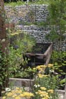 A wildlife friendly, sustainable city space with natural stone gabion walls, reclaimed timber pools, and borders of grasses and nectar rich flowers.
