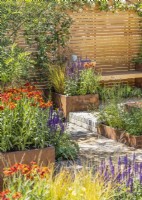 Terrace garden with plant containers, summer July