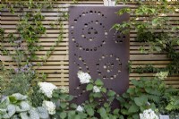 Contemporary wood boundary fence with metal screen, a backdrop to white-flowered Hydrangea