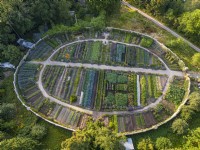 Aerial view of the walled kitchen garden at Gravetye Manor Gardens