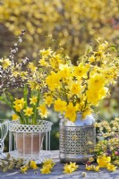 Yellow themed floral arrangement with daffodils and forsythia.