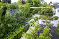 Overview of modern garden with seating areas and green and purple planting scheme