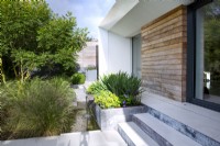 Metal raised bed and water feature outside contemporary house