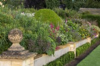 A low wall with round stone finial retains the raised walk border at Bourton House Garden, Gloucestershire. Against the wall is a low hedge of Euonymus japonicus 'Green Spire'.