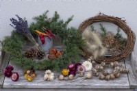 A Gardener's Garland wreath. You will need a woven frame 
covered in spruce foliage, with dried flowers, cones, wired seedheads and fruits to decorate.