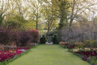 In the Hot Garden, view between borders of tulips and red berberis and photinia, to the sculpture 'Family Circle' by John Brown.