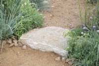 A stone step on a gravel path with planting either side to soften the edges
