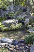 Small pool at the far end of the garden below the small cascade. Ferns planted amongst stones and rocks. 