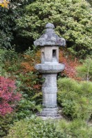 Stone lantern or Ishidoro with surrounding shrubs