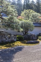 Edge of the main Zen garden of raked gravel, known as karesansui, which translates as 