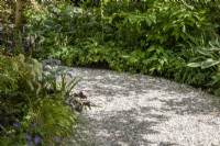 A winding curved gravel path with mixed perennial planting