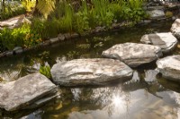 Large stone boulders as stepping stones over a pond - marginal planting 