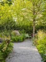 A terrazzo-like paved path, made from waste aggregate, and metal edged lead to Fernob chair, Betula nigra and stone cairn. Horatio's Garden, Chelsea Flower Show 2023. Designer: Charlotte Harris and Hugo Bugg, Gold medal winner, Best Show Garden