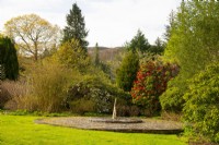 Rhododendrons and trees around a sundial and circular stone paved terrace.