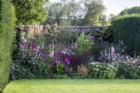 The pink section of The Palette, colour-themed borders at The Manor, Little Compton with anemone, dahlias, salvia and cosmos.