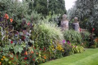 The swimming pool garden borders are planted with hot colours at The Manor, Little Compton. 'Bold tall foliage plants: Zea mays, Canna 'Roi Humbert', Tetrapanex 'Rex', Ricinus communis and Miscanthus malepartus underplanted with flowers: various Tagetes patula and Rudbeckia'
