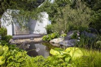 View over a pond with rocks, hostas, persicaria and grasses around the edges to a seating area - Cancer Research UK Legacy Garden - designer Paul Hervey-Brookes - RHS Hampton Court Flower Palace Garden Festival 2023.