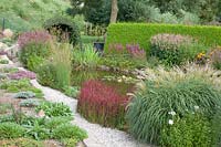 Bed by the pond, Miscanthus sinensis Yakushima Dwarf, Imperata cylindrica Red Baron, Astilbe, Persicaria amplexicaulis Rosea 