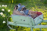 Wheelbarrow with plant labels 