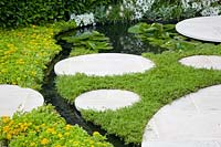 Small pond with stepping stones, Sedum, Chamaemelum nobile 