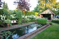 Garden with water basin, Hydrangea arborescens Annabelle 