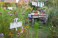 Seating in a flower meadow with a sign 'Butterflies Welcome' in the foreground 