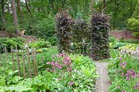 Garden with copper beech arbor, Fagus sylvatica Atropurpurea 