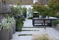 in this city garden, three tall pots planted with Astelia chathamica stand by the large sandstone slabs, with Thymus praecox Albiflorus running between the paving stones; these lead to the outdoor kitchen and seating area with a  multi stem Parrotia persica (Persian Ironwood) providing dappled shade.