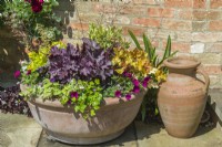 Colourful bedding plants in a terracotta bowl next to an ornamental urn on a patio in June.