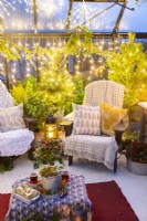 Recycled plastic chairs with blankets and cushions in greehouse decorated with mixed plants and fairy lights
