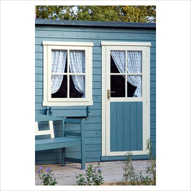 Plant Picture Library - Newly painted garden house/shed with curtains 