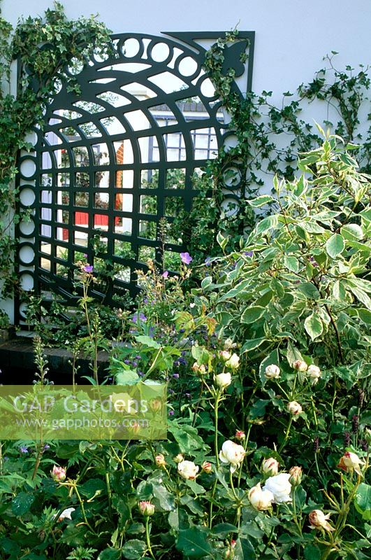 Trellis with mirror background reflecting planting in garden